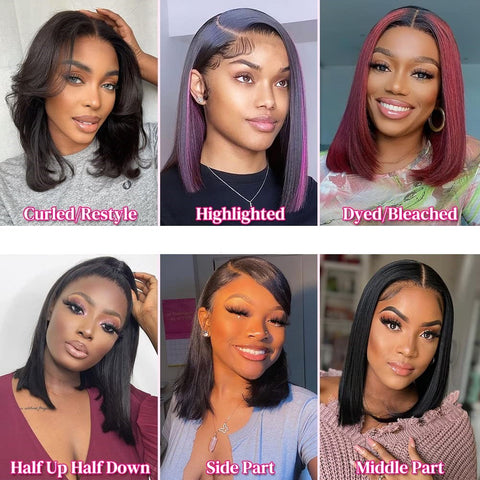 Short Bob Wigs, 13x4 Lace Front, Straight Human Natural Hairs, 180% Density, Pre Plucked with Baby Hair Natural Hairline, 8inch-14inch