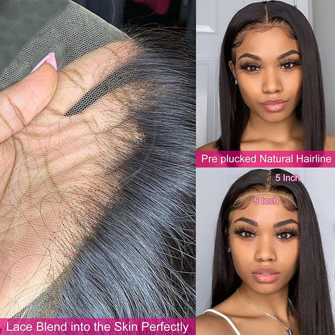 5x5 Lace Front Wigs, Straight Human Natural Hairs, 180% Density, Pre Plucked with Baby Hair Natural Hairline, 16inch-30inch