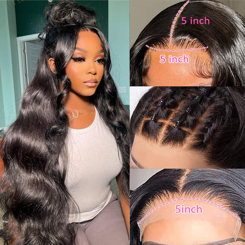 5x5 Lace Front Wigs, Body Wave Human Natural Hairs, 180% Density, Pre Plucked with Baby Hair Natural Hairline, 16inch-30inch