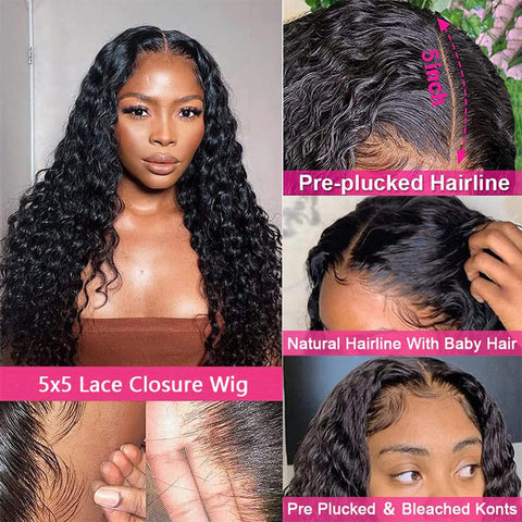 5x5 Lace Front Wigs, Water Wave Human Natural Hairs, 180% Density, Pre Plucked with Baby Hair Natural Hairline, 16inch-30inch