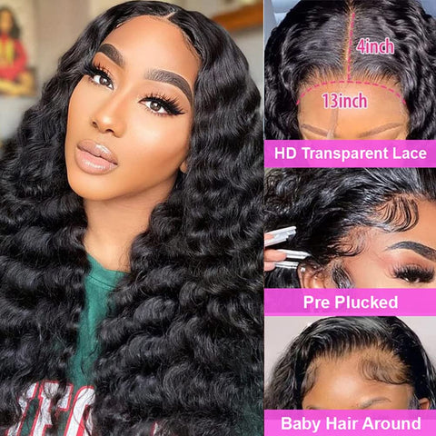 13x4 Lace Front Wigs, Loose Deep Wave Human Natural Hairs, 180% Density, Pre Plucked with Baby Hair Natural Hairline, 16inch-30inch